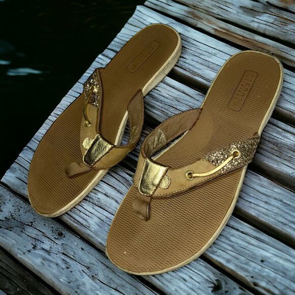 Sperry Top-Sider Gold Glitter Leather Flip Flops Boat Sandals Size 12 Tan - Picture 1 of 10